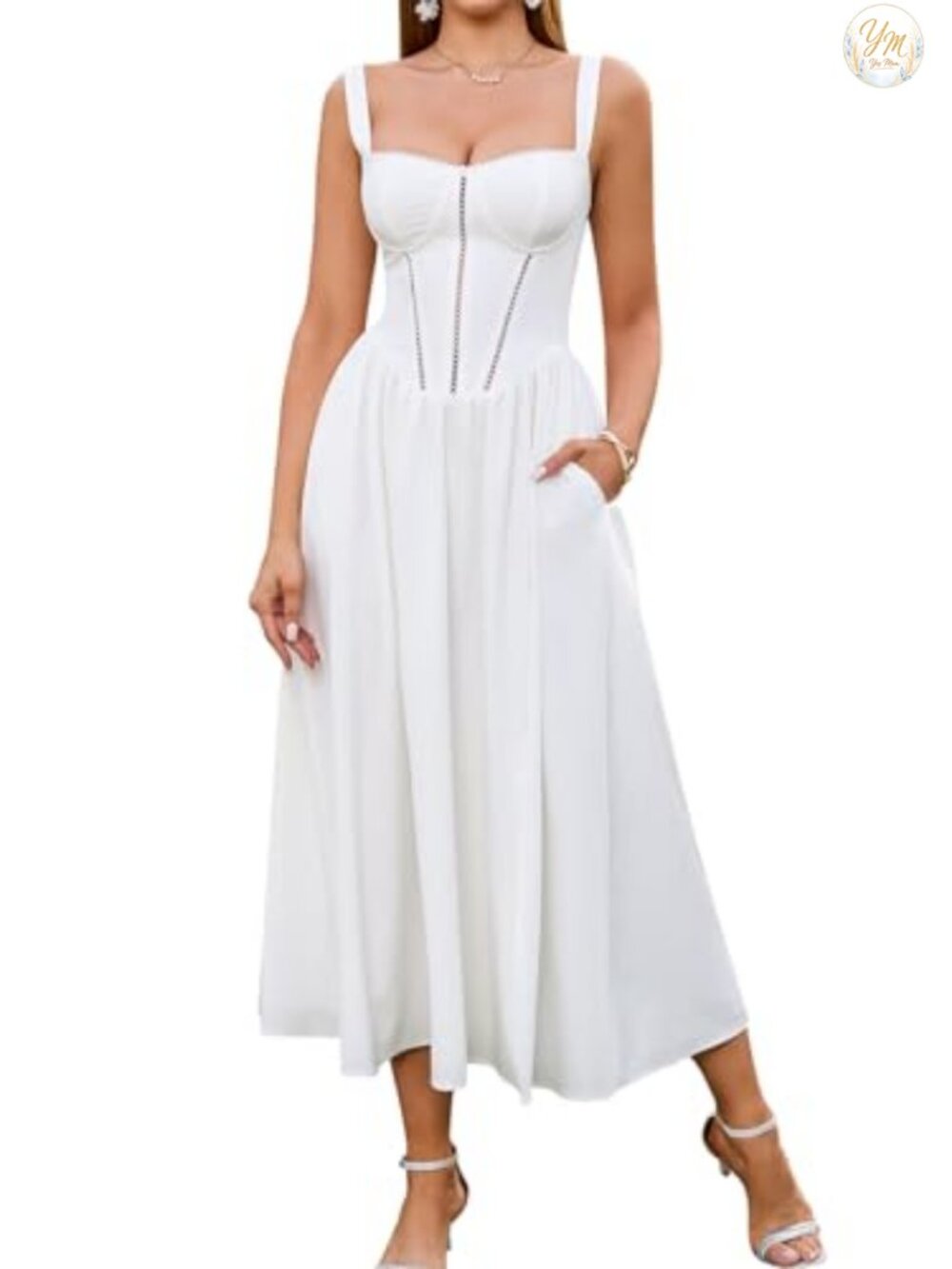 Corset Midi Dress Floral Wedding Guest Sleeveless A-Line